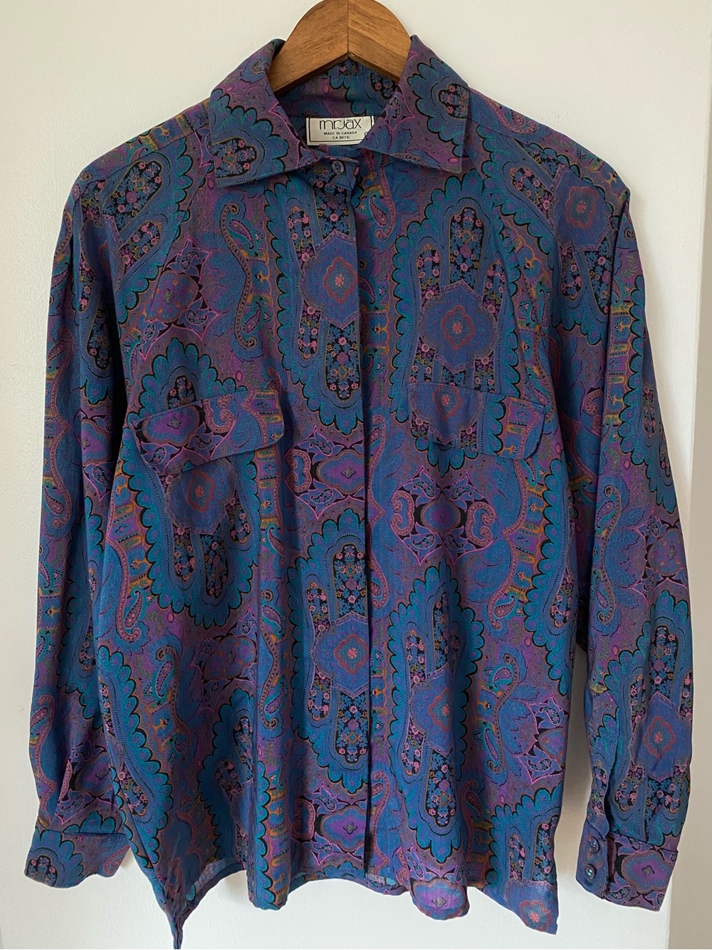 Vintage 60s 70s Hippie Mr. Jax Indigo Purple Paisley 100% Wool Button-Up Shirt